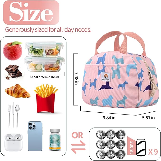 Lunch Bag Kids,Cute Lunch Box for Kids Boys Girls,Portable Mini Cooler Bag,Small Insulated LunchBox Reusable Corduroy Lunch Tote for School/Travel/Picnic/Work (Dog)