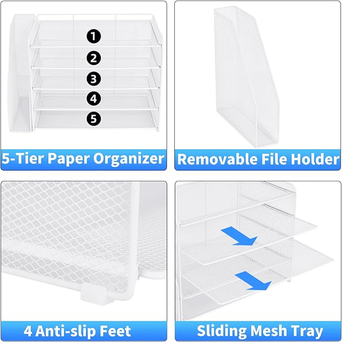 OPNICE 5-Tier Paper Organizer with Magazine Holder, Desk Organizers and Accessories, Office Desk Accessories & Workspace Organizers, Desktop File Organizer for Office Supplies Storage, White