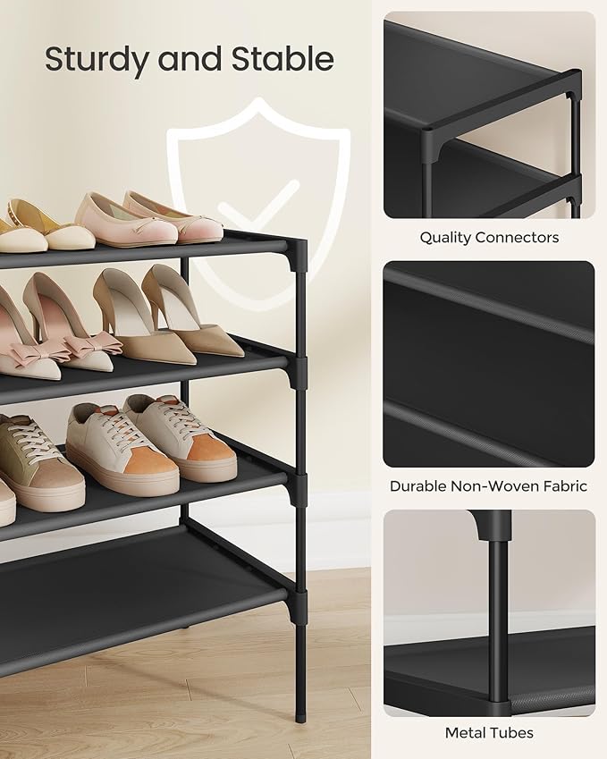 SONGMICS Shoe Rack, 4-Tier Shoe Storage Organizer, Space-Saving, 11.7 x 36.1 x 27.7 Inches, Entryway, Metal Frame, Non-Woven Fabric Shelves, Ink Black ULSH034BH01