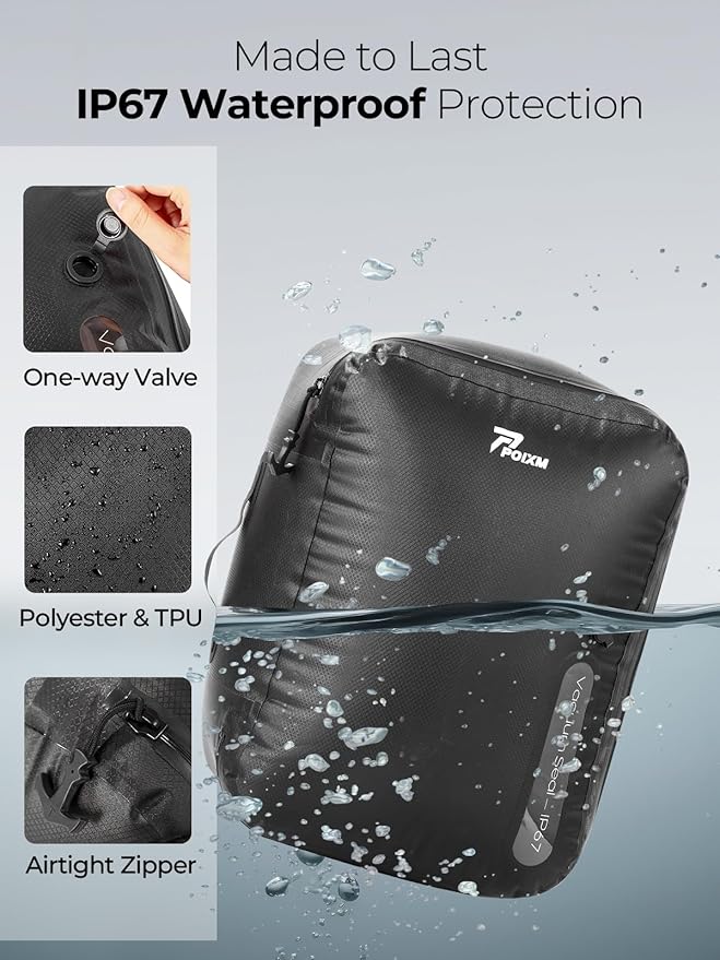 POIXM Vacuum Bags for Travel with Wireless Pump, 180° Open Zipper, IP67 Waterproof, Reusable Space Saver Compression Bags for Backpack, Suitcase, Home Storage(1 Pack)
