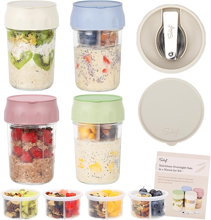 SOLIGT Overnight Oats Containers with Lids, Folding Spoons and Divided Compartment for Fruit & Nuts, Small Glass 16oz Mason Jars for Oatmeal Yogurt Parfait (2 Set-Smoke Gray/Oat White)