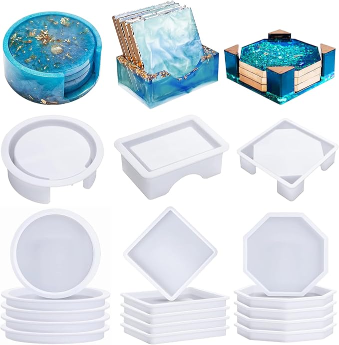 Demorex 18-Piece Silicone Coaster Molds for Resin, Round, Square & Octagon