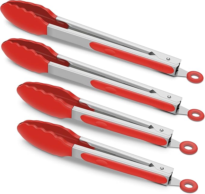 4-Pack Green Silicone Kitchen Tongs Set, 9 & 12 Inch, Stainless Steel