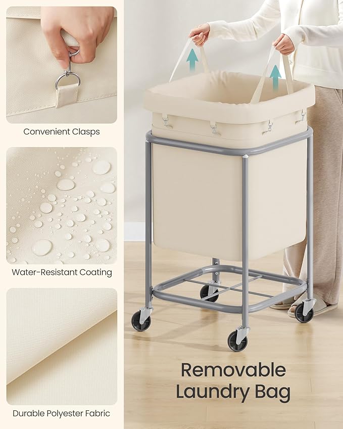 SONGMICS 45-Gallon (170 L) Laundry Basket with Wheels, Rolling Square Heavy-Duty Laundry Hamper Cart with Steel Frame and Removable Bag, 2 Locking Wheels, Cream White and Metallic Silver URLS015WD01