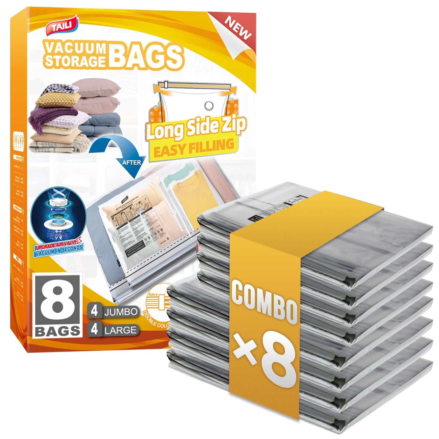 TAILI 8 Pack Vacuum Storage Bags, 2 Size Combo(4 Large+4 Jumbo), Clear