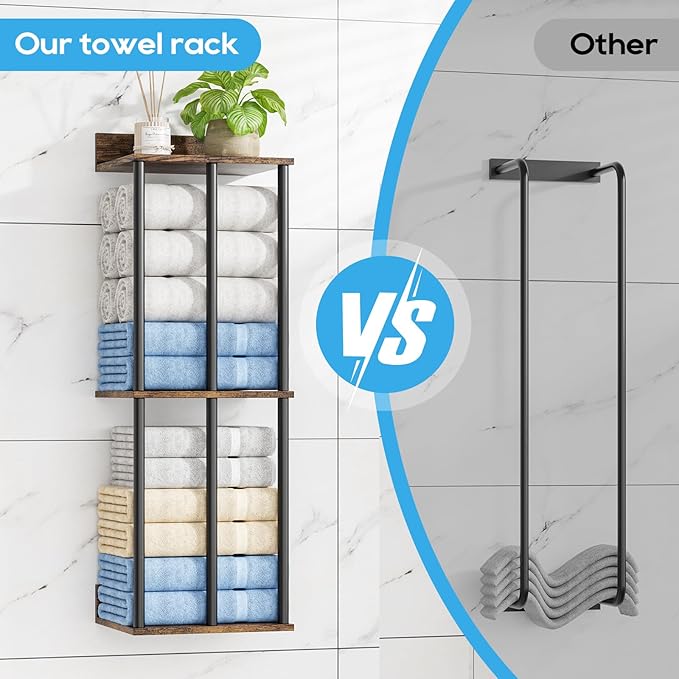 Towel Racks for Bathroom Wall Mounted with Wooden Storage Shelf, Updated 3 Bar Metal Towel Holder for Rolled Towels, Sturdy and Large Capacity, Towel Storage Organizer