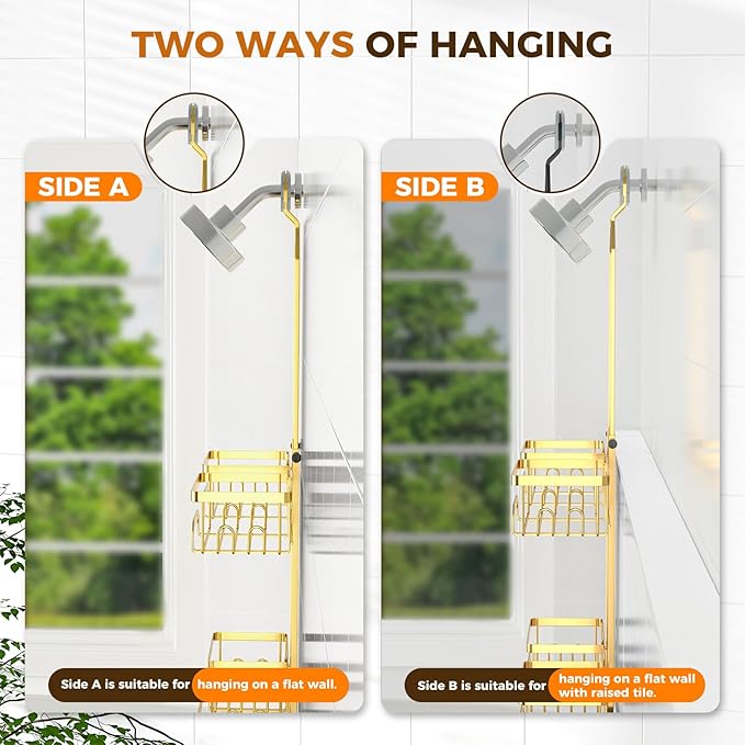 REINHARDT Shower Caddy Hanging for Handheld Showerheads Adjustable Split Shower Caddy, Rustproof Shower Organizer with Hooks for Razors Over the Head Caddy with Soap Holder Bathroom Accessories, Gold