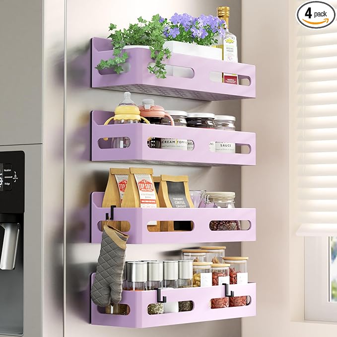4 Pack Strong Magnetic Spice Rack for Refrigerator, Multipurpose Magnetic Shelf for Fridge with 4 Hooks for kitchen and Bathroom Organization, Pink