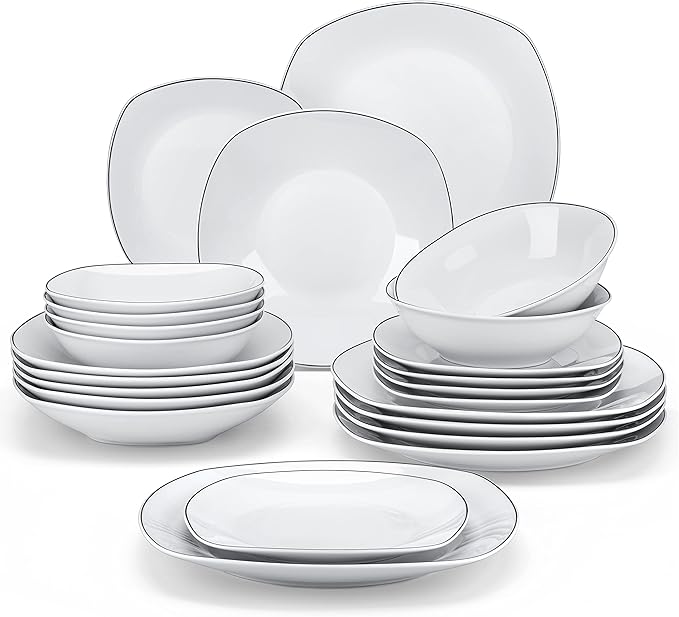 MALACASA 30 Piece Porcelain Dinnerware Set, Grey White Dish Set for 6, Square Ceramic Dishware Sets, Chip and Scratch Resistant Plates and Bowls Sets, Cups and Saucers, Series ELISA