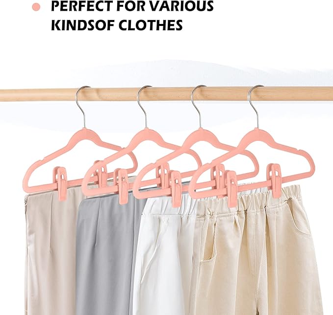Tinfol Pink Velvet Hanger Clips Pack of 24, Pants Velvet Clips, Premium Large Opening Clothes Pin, Strong Finger Flocked Clip Perfect for Use with Slim-line Clothes Velvet Hangers
