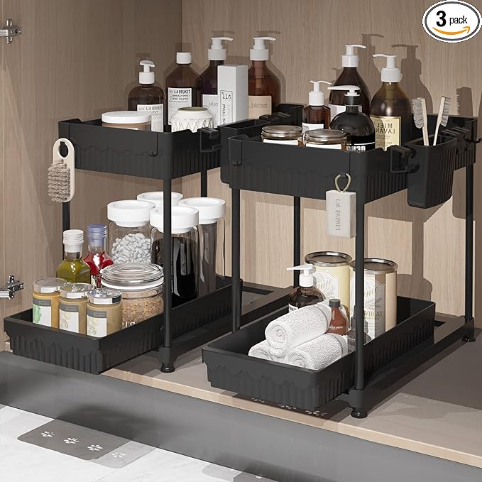 2 Pack Multi-Purpose Under Sink Organizers and Storage, 2026 Pull Out Cabinet Organizer for Bathroom & Kitchen, Under Cabinet Organizer with Hooks Hanging cup, Black