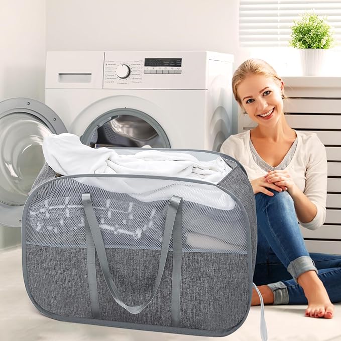 Collapsible Laundry Baskets with Easy Carry Handles, 95L Clothes Hamper for Storage, Foldable Laundry Basket Tear-proof, Large Pop Up Hampers for Laundry, Bedroom, Bathroom, Dorm Grey