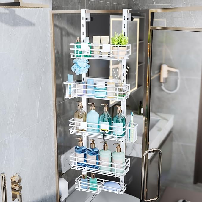 Consumest Over The Door Shower Caddy - 5 Tier Adjustable Shower Organizer Hanging with 2 Toothbrush Holders & 4 Hooks, Rustproof Organizer Shelf, Storage Rack for Bathroom, White