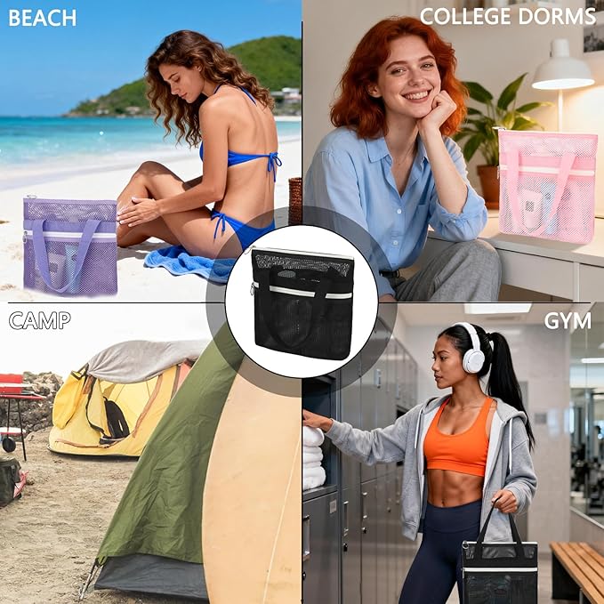 Mesh Shower Caddy Portable Shower Bag for Travel, Gym, Camping – Quick-Dry Hanging Toiletry Organizer with Zipper Pockets for Bathroom Essentials,Black