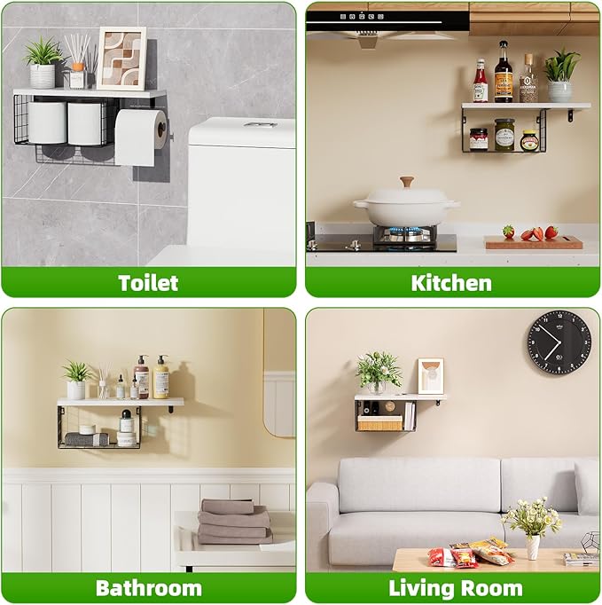 VITVITI Toilet Paper Holder with Shelf, Wall Mounted Toilet Paper Storage Basket, Wood Metal Toilet Roll and Wipes Holder for Bathroom Farmhouse (White)