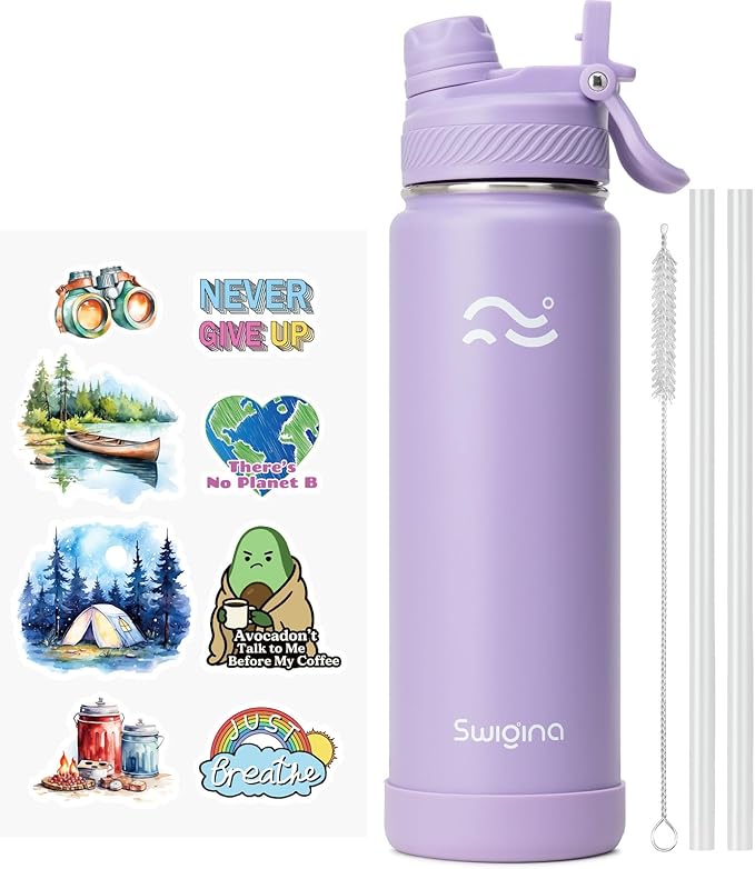 [2-IN-1 LID] Insulated Water Bottle with Silicone Boot (36hrs Cold/18hrs Hot) - DIY Stickers, Leakproof, BPA Free, 24 oz