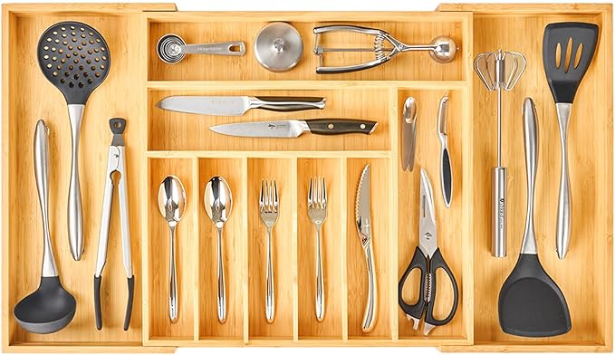 Umilife Large Kitchen Drawer Organizer, 19"x20" Silverware Utensils Organizer, 2.5" High for Large Deep Drawers, Bamboo Flatware Holder with Thick Frames, Sturdy Kitchen Organization Tray