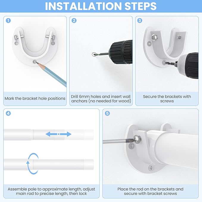 3 Pack Closet Rods for Hanging Clothes, 17 to 69 Inch Heavy Duty Stepless Adjustable Closet Hanging Rod, 1.3 Inch Diameter Metal Closet Rod for Wardrobes Laundry Bedroom RV, White