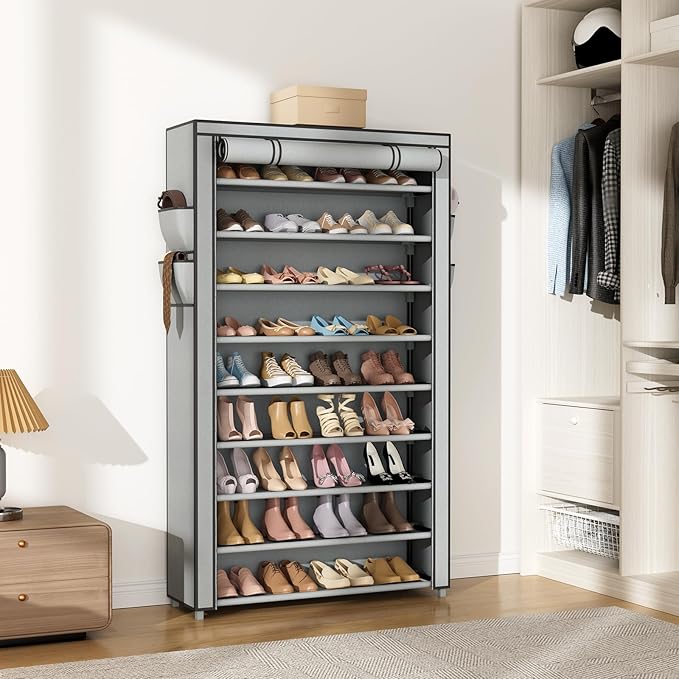 Shoe Rack with Cover Wide Shoe Organizer with Pockets 10 Tier Tall Shoe Storage Holds 50-55 Pairs Shoes and Boots Shoe Rack for Closet Entryway Garage, Grey