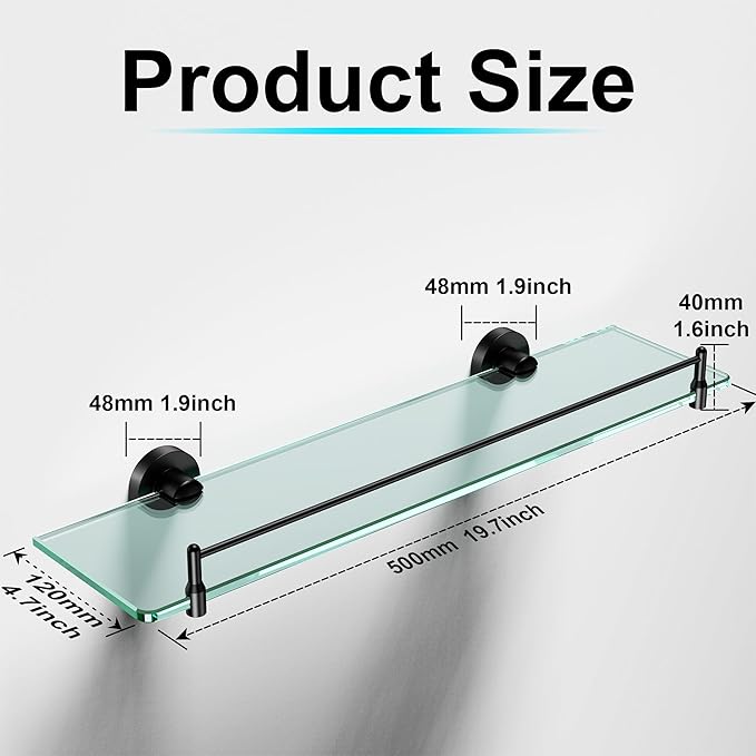 20 Inches Glass Shelves for Bathroom, Matte Black Floating Glass Shelf Stainless Steel Tempered Glass Bathroom Shelves for Wall Mount Modern