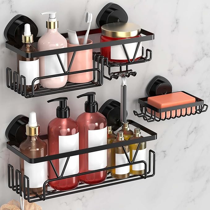 KEGII Shower Caddy Suction Cup, 3 Pack Removable Shower Shelves with Hooks & Soap Holder, No Drilling Bathroom Organizer, Waterproof Suction Storage for Inside Shower, Black