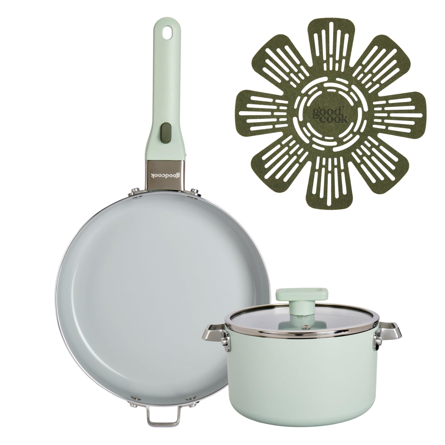 GoodCook Ceramic Cookware Set 5-Piece with Removable Handle, Induction Compatible, Nonstick and Oven Safe with 9.5-Inch Frypan, Sage Green