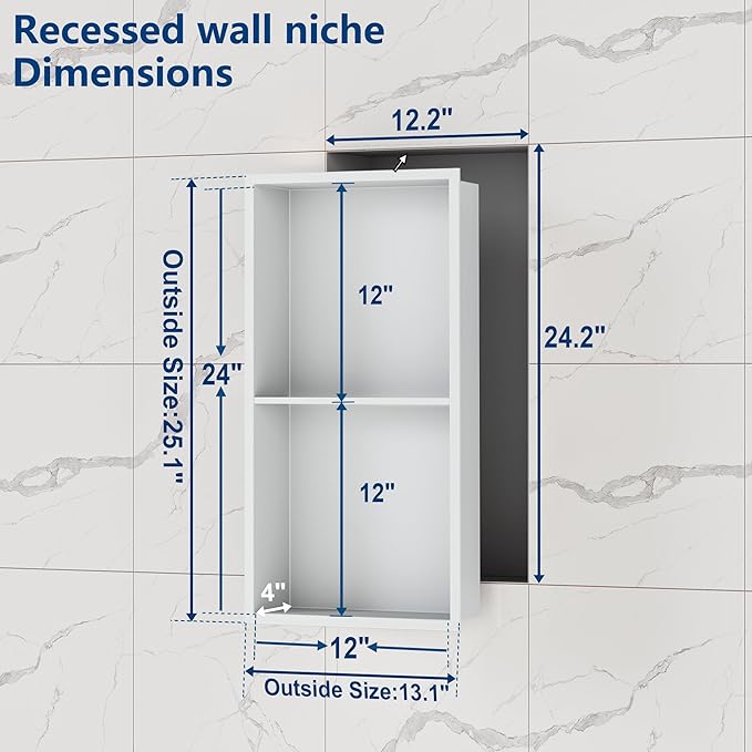 Neodrain No Tile Shower Niche, Stainless Steel Wall Niche 13.1"X25.1"(Inner Size 12"X24"), Two-Tier Bathroom Shelf, NO Tile Needed Recessed Storage for Bathroom Storage, White