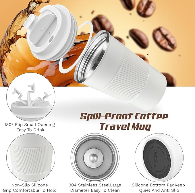 Vacuum-Insulated Stainless Steel Travel Coffee Mug, Leak-Proof Reusable Coffee Cup with Lid - Keep Hot & Cold Drinks for Hours, Durable Insulated Tumbler for Men & Women(3rd-White, 12OZ)