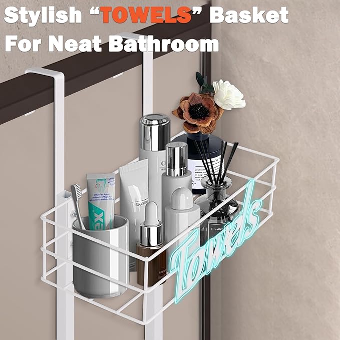 HarJue Over The Door Towel Racks, No Drill Towel Storage with Basket & Hooks, Space-Saving Multi-Functional Towel Holder for Bathrooms, bedrooms, Apartments, RVs (White)