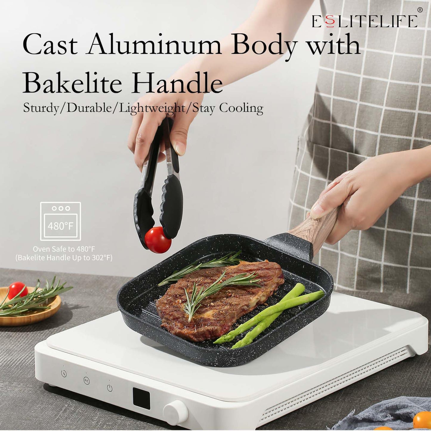 ESLITE LIFE Nonstick Grill Pan for Stove Tops, Versatile Griddle with Pour Spouts, 9.5 Inch Square Big Grilling Skillet Steak Pan for Indoor & Outdoor Cooking, PTFE & PFOA Free, Black