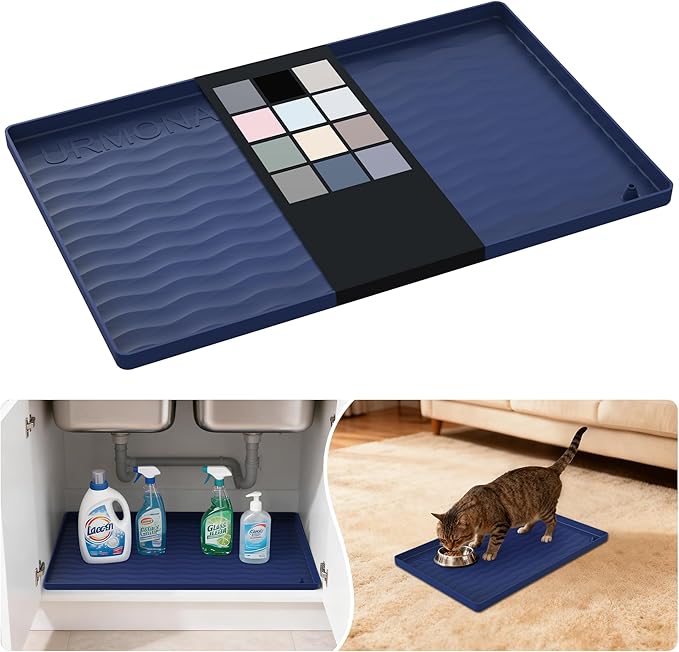URMONA Waterproof Silicone Under Sink Mat 19'' x 12'' Shelf Liner for Kitchen and Bathroom, Cabinet and Counter Protector, Storage and Organizers, Litter Mat, Pet Cat Puppy Essentials(Navy)