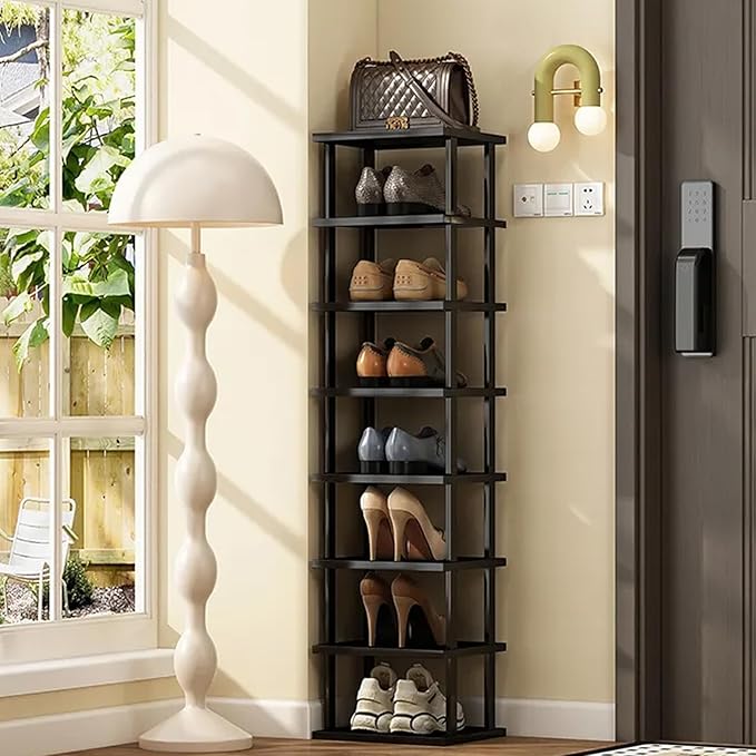 Vertical Shoe Rack - Tall Narrow Shoe Rack Organizer for Small Spaces,12 Tier Bamboo Shoen Shelf for Entryway,Closet,Corner,Doorway,Skinny Shoe Shelf Space Saving Shoe Storage,Free Stackable DIY