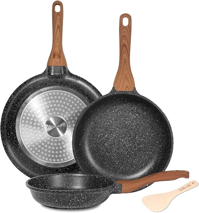 ESLITE LIFE Nonstick Ceramic Frying Pan Skillet with Lid, Non-Toxic Egg Omelette Kitchen Cooking Pans Compatible with All Stovetops (Gas, Electric & Induction), PTFE & PFOA Free (Black, 11" w/Lid)