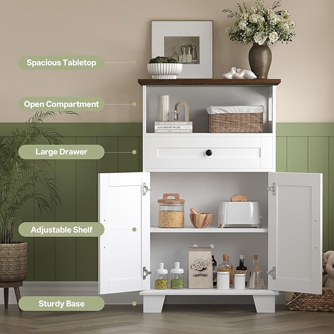 Farmhouse Bathroom Storage Cabinet with Drawer & Adjustable Shelves, White 23.6" Wide Freestanding Floor Cabinet, Barn Door, Sturdy Wood, for Kitchen, Entryway (23.6 * 11.8 * 39.3" (Floor))
