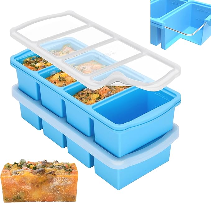 ZIP STANDING Silicone Freezer Trays with Lid,2-cup Soup Freezer Container large Ice Cube Molds with Reinforced Steel Ring Top for freezing Soup Sauce Broth Leftovers oven Dishwasher -Safe (yellow)