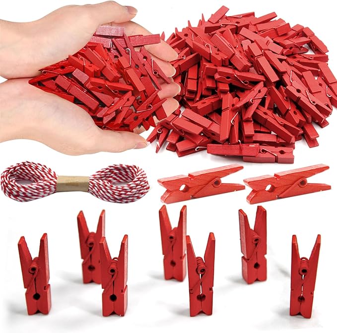 1.35 Inch Mini Clothes Pins100 PcsWith 32 Feet Jute Twine for Photo, Crafts, Pictures - Wooden Small Decorative Clothespins for Baby Shower (Red)