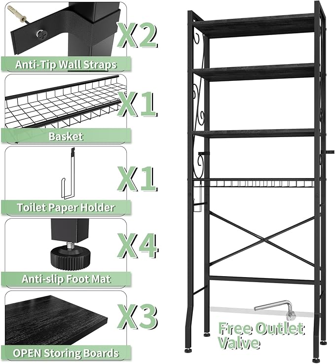 Over-The-Toilet Storage Rack 4-Tier,Bathroom Organizer Shelf Over Toilet,Adjustable Wooden Shelves and Basket,Freestanding Above Toilet Shelf,Space Saver for Rooms(Black Rack-Black Shelves)