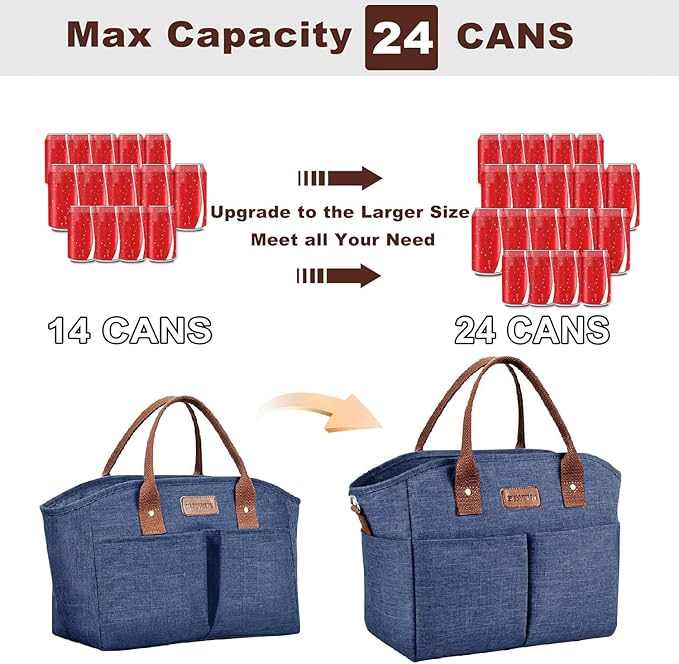 Lunch Bags for Women Insulated Thermal Lunch Tote Bag with Shoulder Strap Upgrade Large Lunch Box Container Drinks Holder for Adults Men Work Picnic Beach Park, Dark Blue