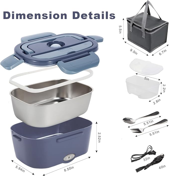 Electric Lunch Box, 12V/24V/110V Portable Food Warmer with SS Fork & Spoon for Car/Truck/Office, 80W Self Heating Lunch Box with 1.5L Container & 0.45L PP Fruit Box Light Bluish Purple