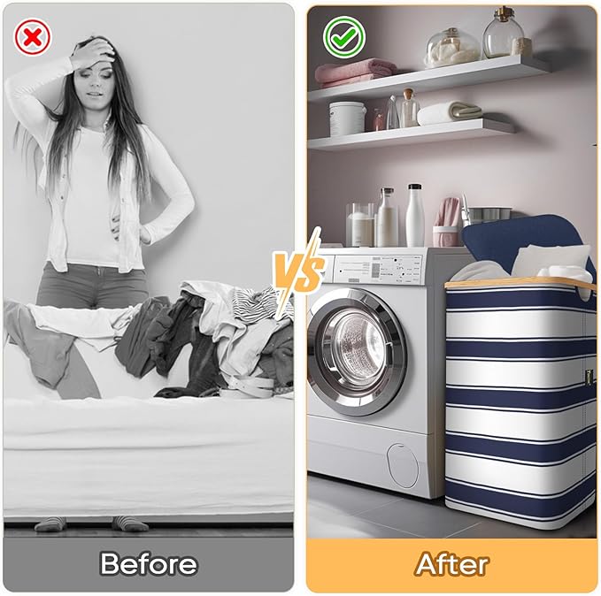 BALEINE Laundry Hamper with Lid, Tall Laundry Baskets with Bamboo Pull Handles, Large Laundry Bin with Internal Support (18 Gal/70L, Blue Stripe)