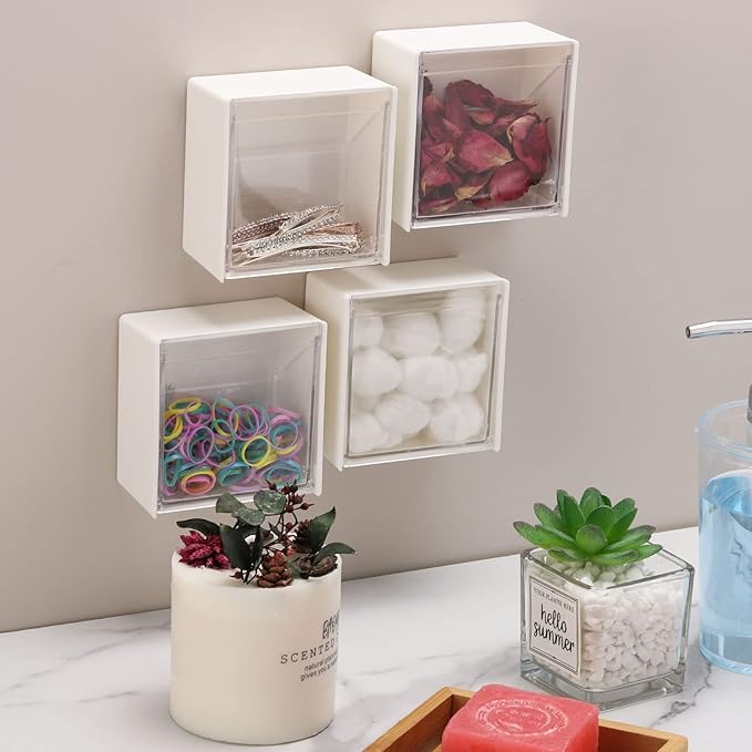 Tecbeauty 4PCS Cotton Pads Holder Dispenser, Wall Mounted Cotton Ball Organizers and Storage Box Rounds Jar Containers for Cotton Ball, Floss, Hairpin, Rubber Band, Clip（3.35in x1.8in x3.35in）
