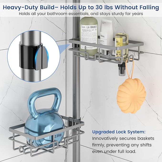 Corner Shower Caddy Organizer Tension Pole, Adjustable 6 Shower Shelves Corner Shelf 30-120Inch Rustproof Shower Rack for Inside Shower, Extra Towel Bar Soap Dish Bathroom Organizers and Storage Gray