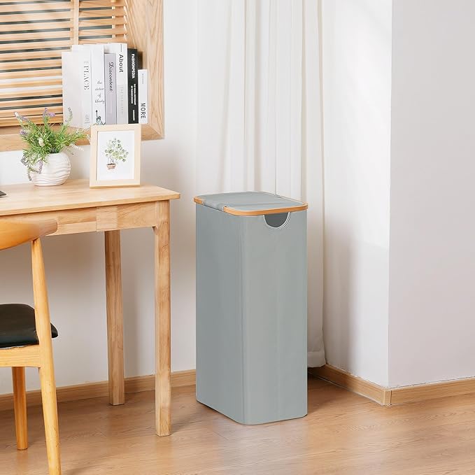 Slim Laundry Basket with Lid, Narrow Dirty Clothes Hampers for Laundry with Handle, Skinny Laundry Bin for Laundry Room, Dorm, Bedroom and Bathroom, 19.8 Gallon (75L) Silver Grey