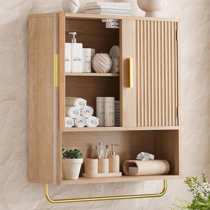 Bathroom Cabinet Wall Mount with Fluted Door Panel & Adjustable Shelf, Medicine Cabinet with Open Partition and Towel Bar, Wall Storage Cabinet for Laundry Room & Kitchen (Natural Oak)