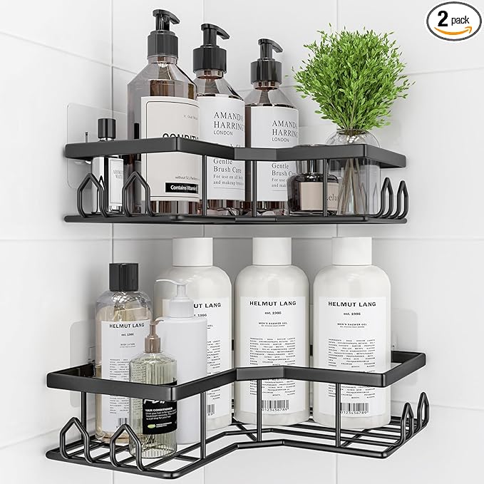 Adhesive Shower Caddy, 2 Pack Corner Bath Organizer, Rustproof Stainless Steel Shower Shelves with Large Capacity, No Drilling Shelves for Bathroom Storage, Home, Kitchen Décor