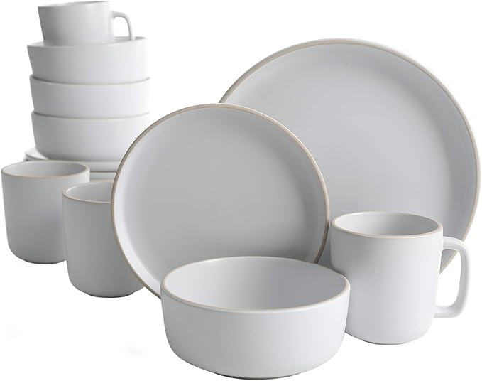 Gibson Home Zuma 16 Piece Round Kitchen Dinnerware Set, Dishes, Plates, Bowls, Mugs, Service for 4, Matte Stoneware, Grey, Gray