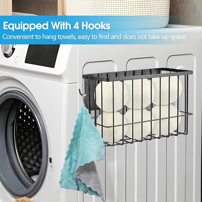Magnetic Laundry Room Organizer Rack – Matte Black Storage Shelf for Washer or Dryer Side – Magnetic Mount, No Drill – Includes 4 Utility Hooks – Holds Detergent, Dryer Balls, Supplies