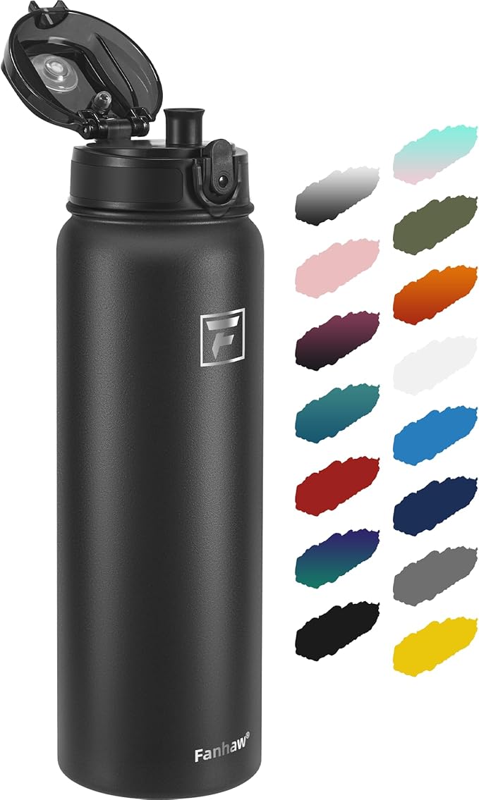 Fanhaw 32 oz Insulated Stainless Steel Water Bottle with Anti-Dust Chug Lid, Leakproof Vacuum Sports Bottle for Men & Women (Black)