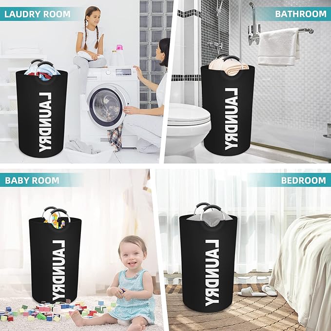 StorageRight 75L Large Laundry Basket, Laundry Hamper, Dirty Clothes Hamper for Laundry, Collapsible, Waterproof Laundry Baskets with Foam Protected Aluminum Handles for Laundry, Dorm, Family (Black)