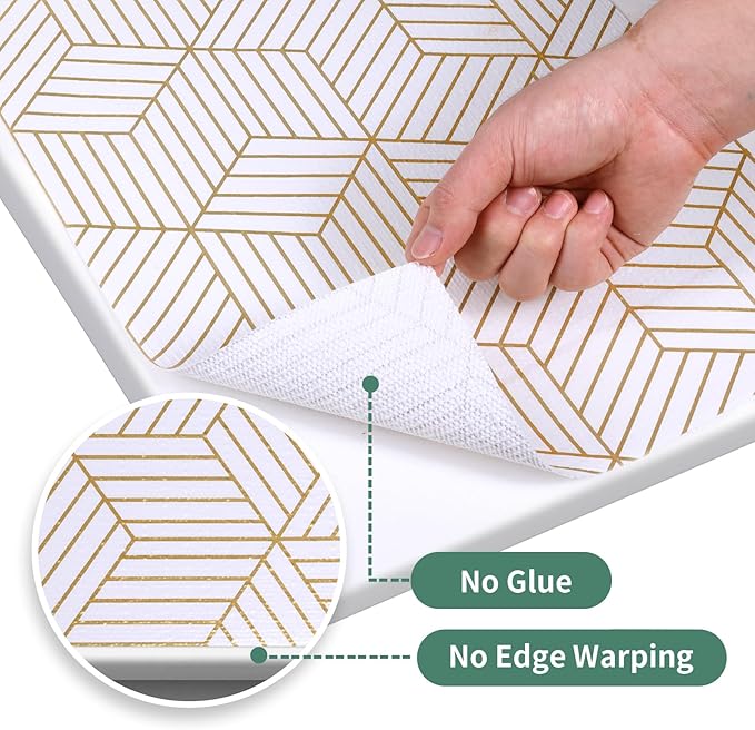 Shelf Liners for Kitchen Cabinets 17.3in x 49.21FT, Non Adhesive Cabinet Liner Strong Non-Slip Thickened Gold Geometric Drawer Liner, Easy to Clean for Shelf, Cabinet with Knife and Tape Measure
